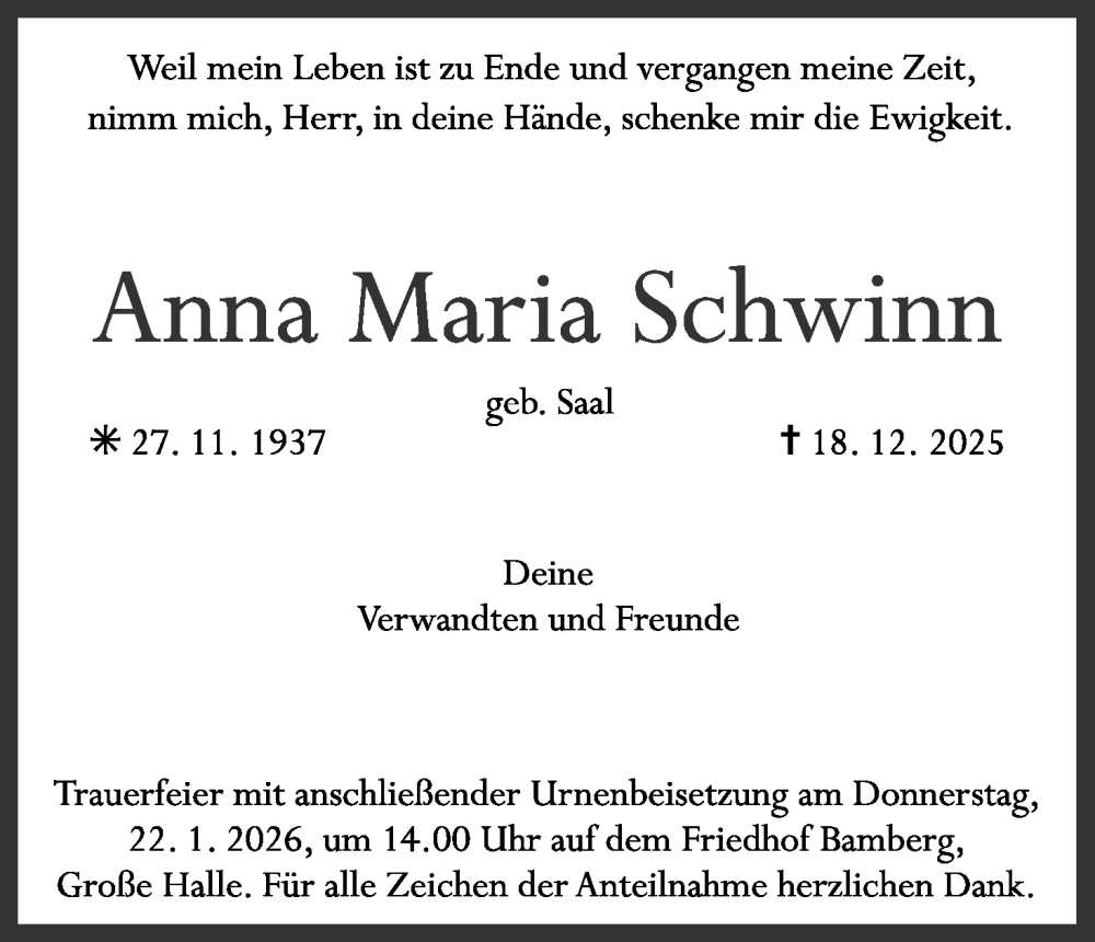  Traueranzeige für Anna Maria Schwinn vom 17.01.2026 aus MGO