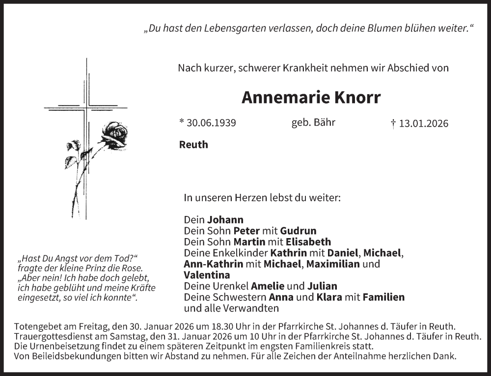  Traueranzeige für Annemarie Knorr vom 24.01.2026 aus MGO