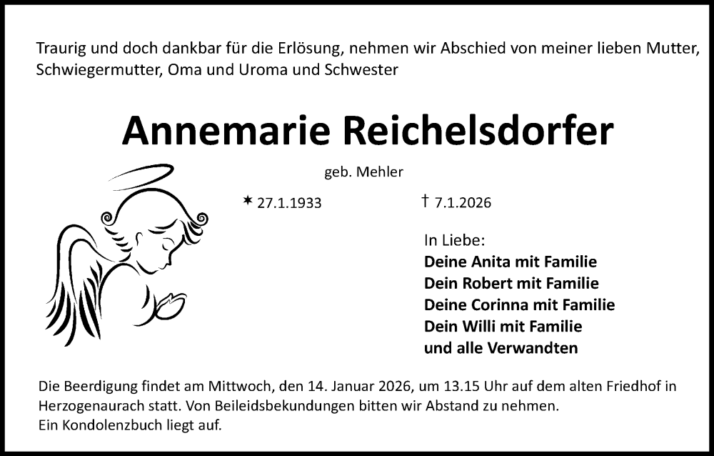  Traueranzeige für Annemarie Reichelsdorfer vom 09.01.2026 aus MGO