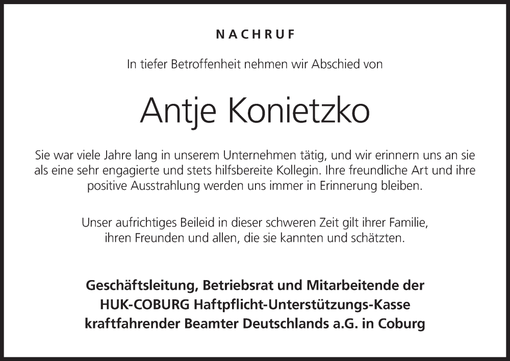  Traueranzeige für Antje Konietzko vom 16.01.2026 aus MGO
