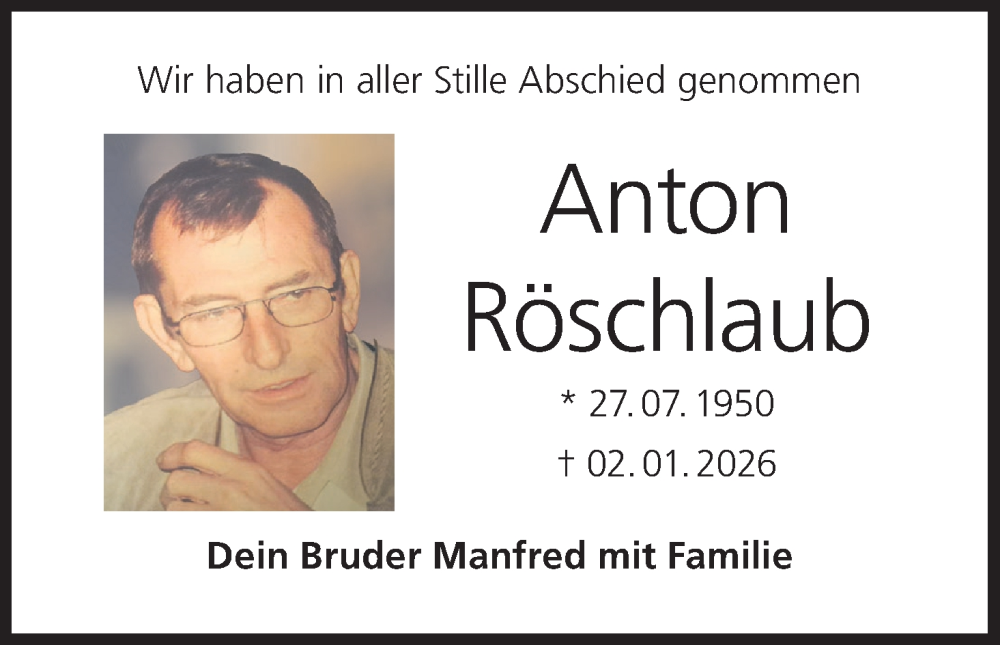  Traueranzeige für Anton Röschlaub vom 17.01.2026 aus MGO
