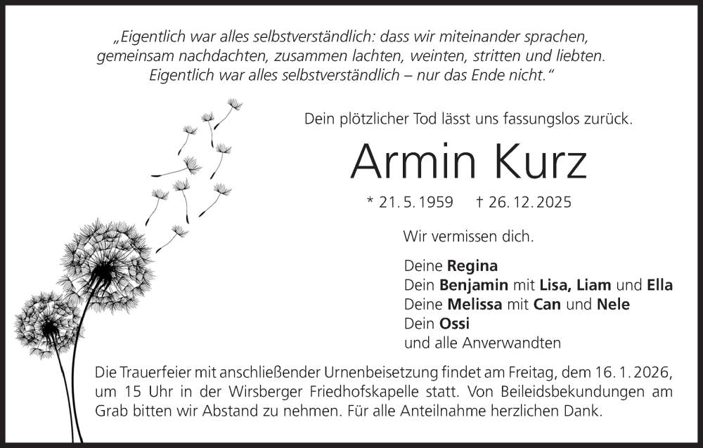  Traueranzeige für Armin Kurz vom 14.01.2026 aus MGO