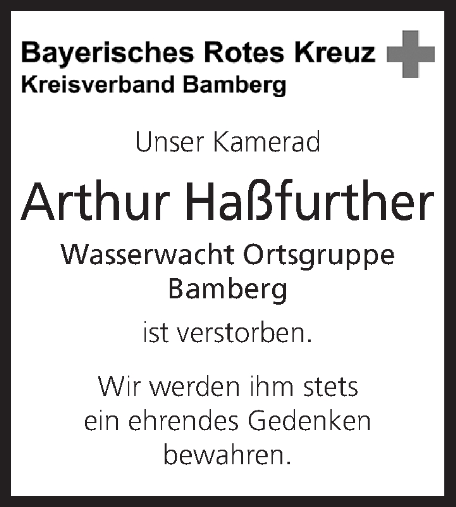  Traueranzeige für Arthur Haßfurther vom 24.01.2026 aus MGO