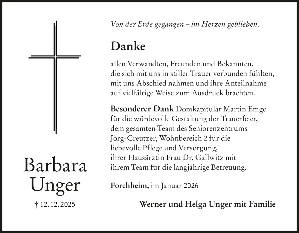  Traueranzeige für Barbara Unger vom 03.01.2026 aus MGO