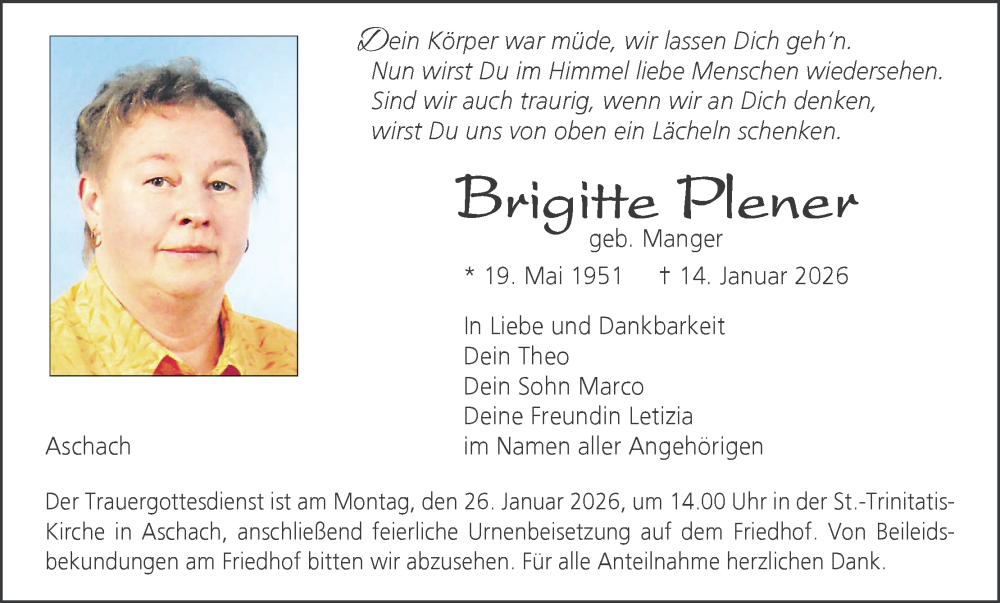  Traueranzeige für Brigitte Plener vom 17.01.2026 aus MGO