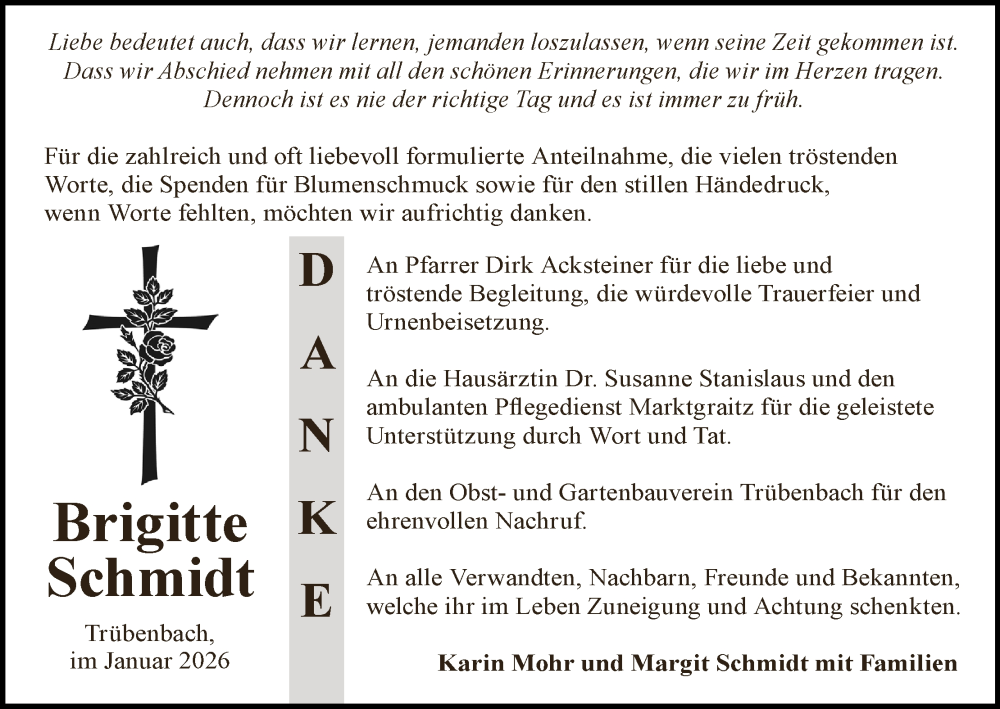  Traueranzeige für Brigitte Schmidt vom 17.01.2026 aus MGO