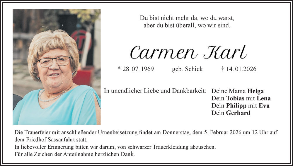  Traueranzeige für Carmen Jarl vom 24.01.2026 aus MGO
