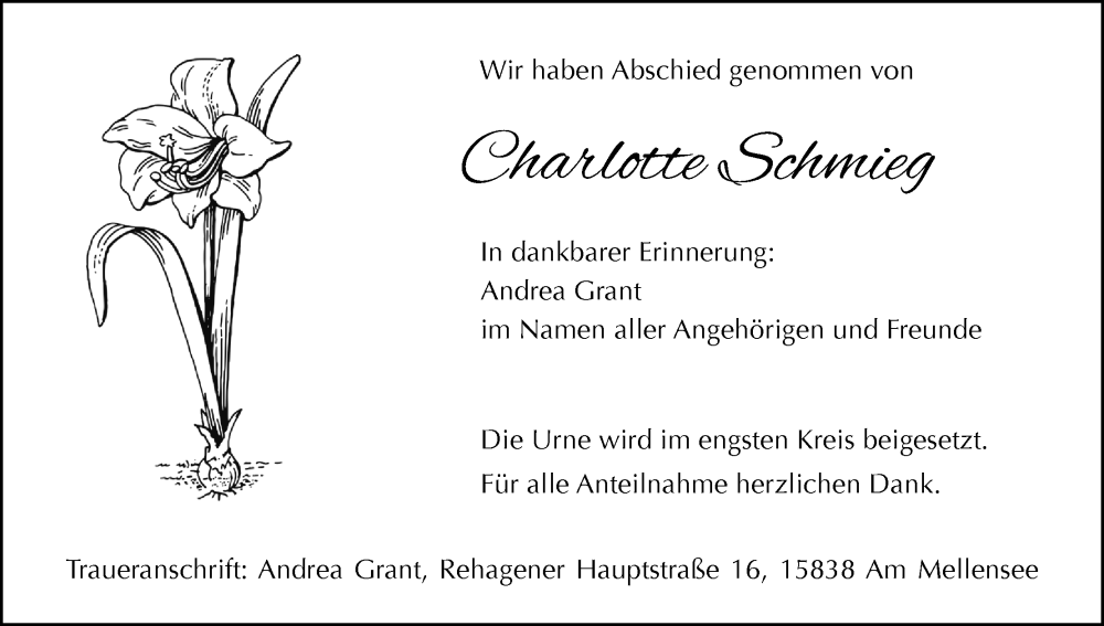  Traueranzeige für Charlotte Schmieg vom 17.01.2026 aus MGO