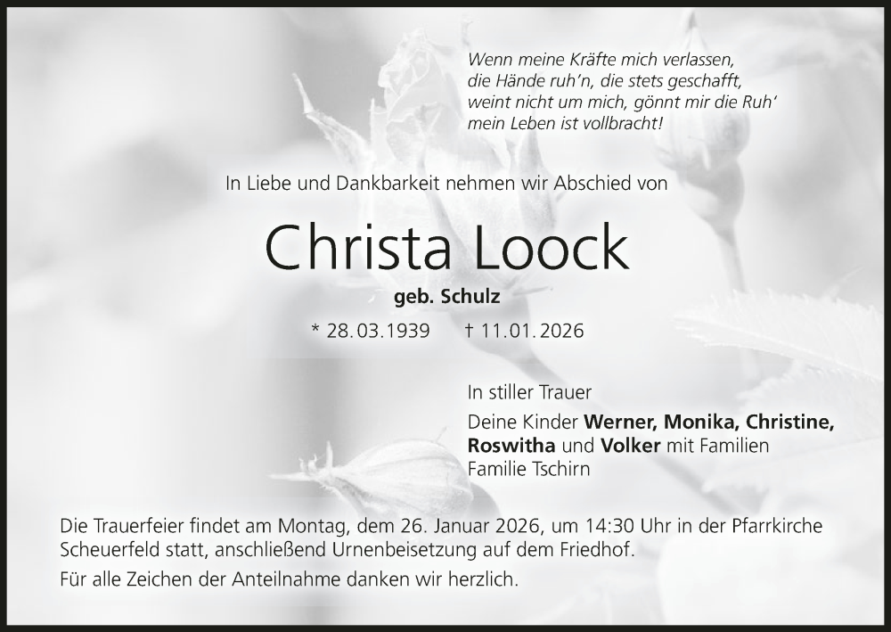  Traueranzeige für Christa Loock vom 24.01.2026 aus MGO