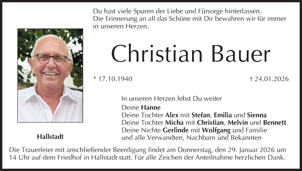  Traueranzeige für Christian Bauer vom 27.01.2026 aus MGO