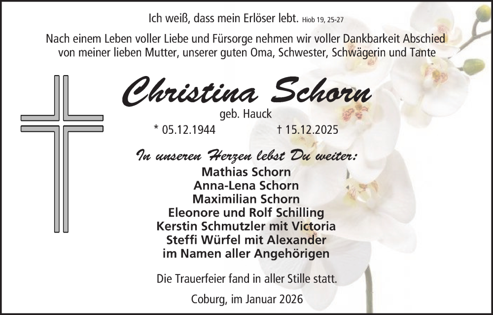  Traueranzeige für Christina Schorn vom 10.01.2026 aus MGO