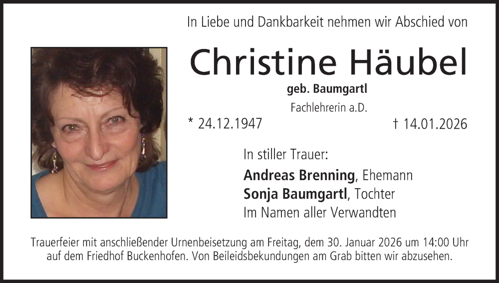  Traueranzeige für Christine Häubel vom 24.01.2026 aus MGO