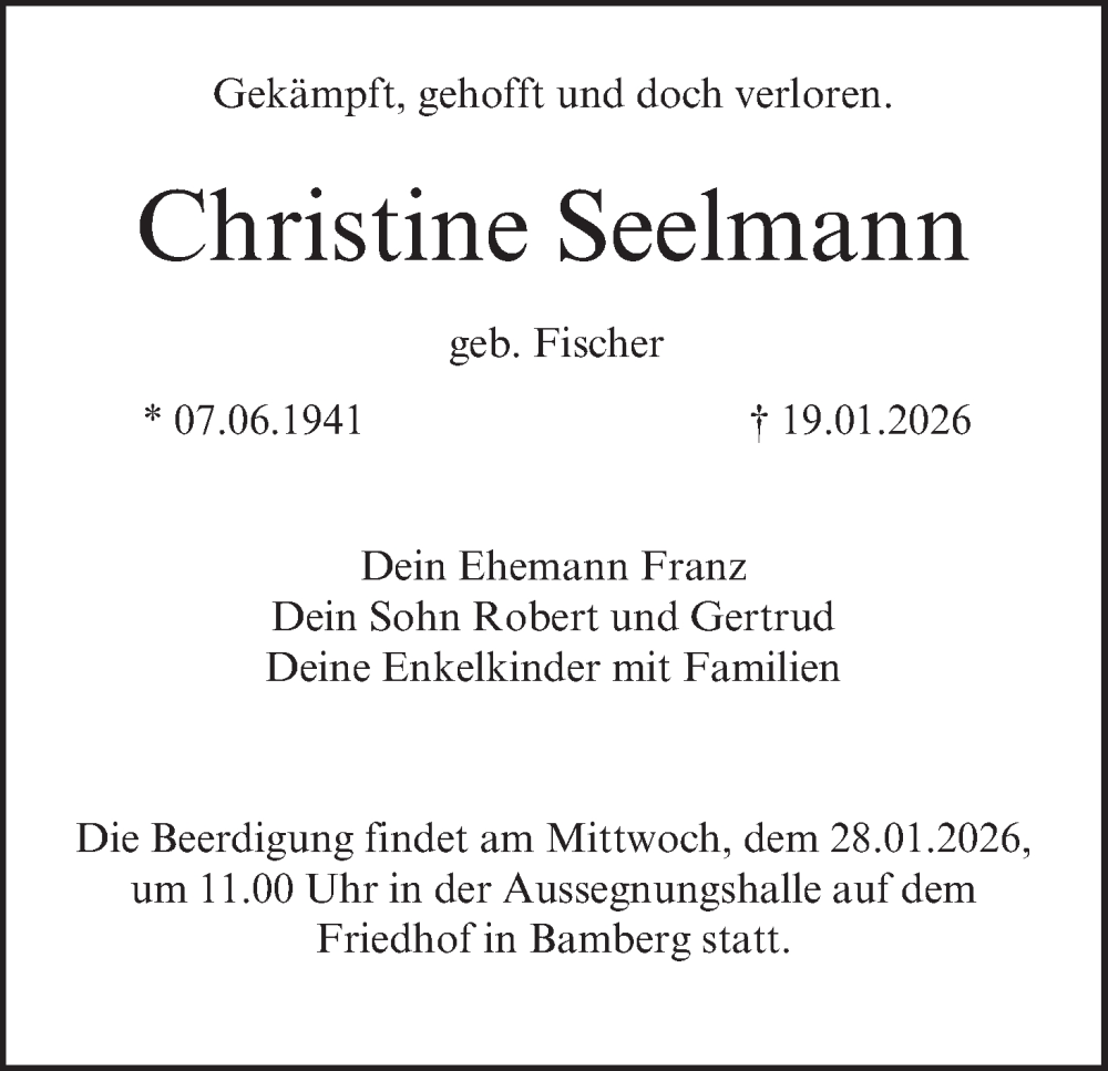 Traueranzeige für Christine Seelmann vom 24.01.2026 aus MGO