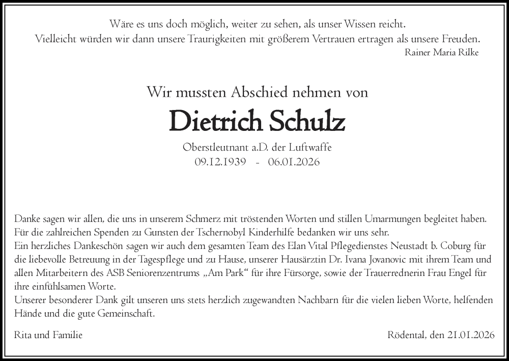  Traueranzeige für Dietrich Schulz vom 24.01.2026 aus MGO