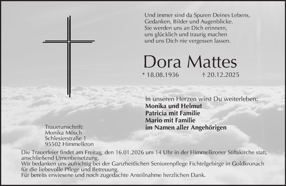  Traueranzeige für Dora Mattes vom 10.01.2026 aus MGO