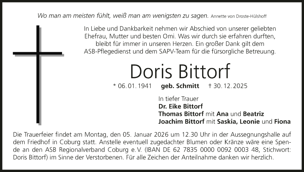  Traueranzeige für Doris Bittorf vom 03.01.2026 aus MGO