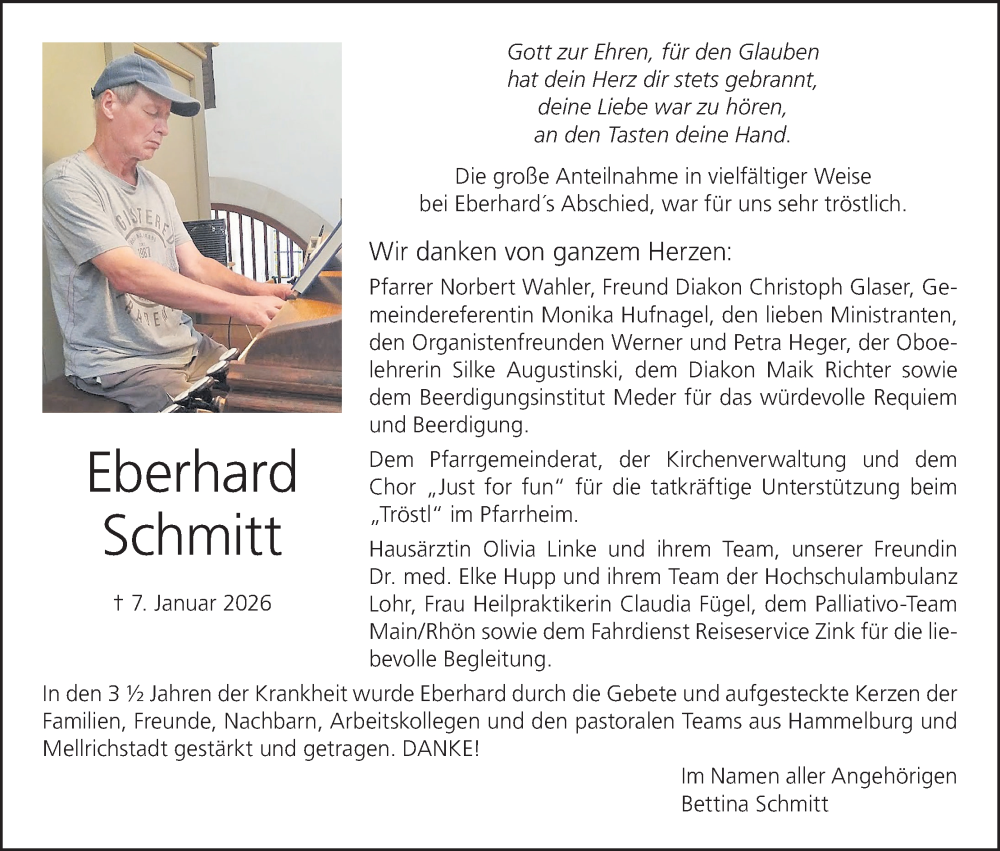  Traueranzeige für Eberhard Schmitt vom 31.01.2026 aus MGO