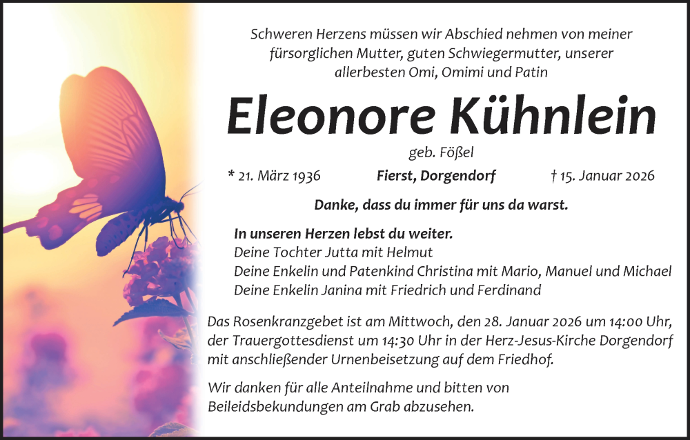  Traueranzeige für Eleonore Kühnlein vom 24.01.2026 aus MGO