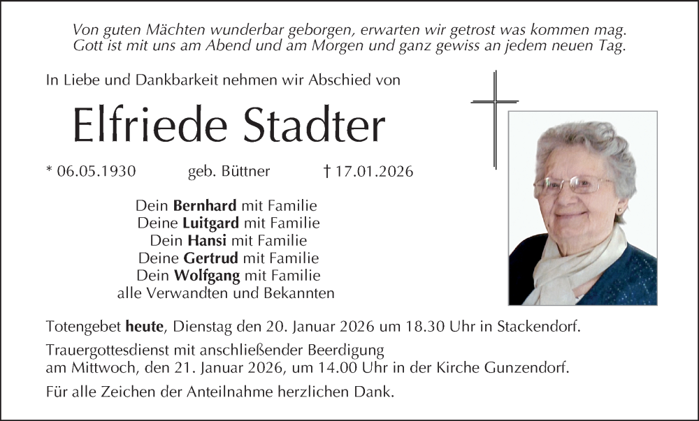  Traueranzeige für Elfriede Stadter vom 20.01.2026 aus MGO