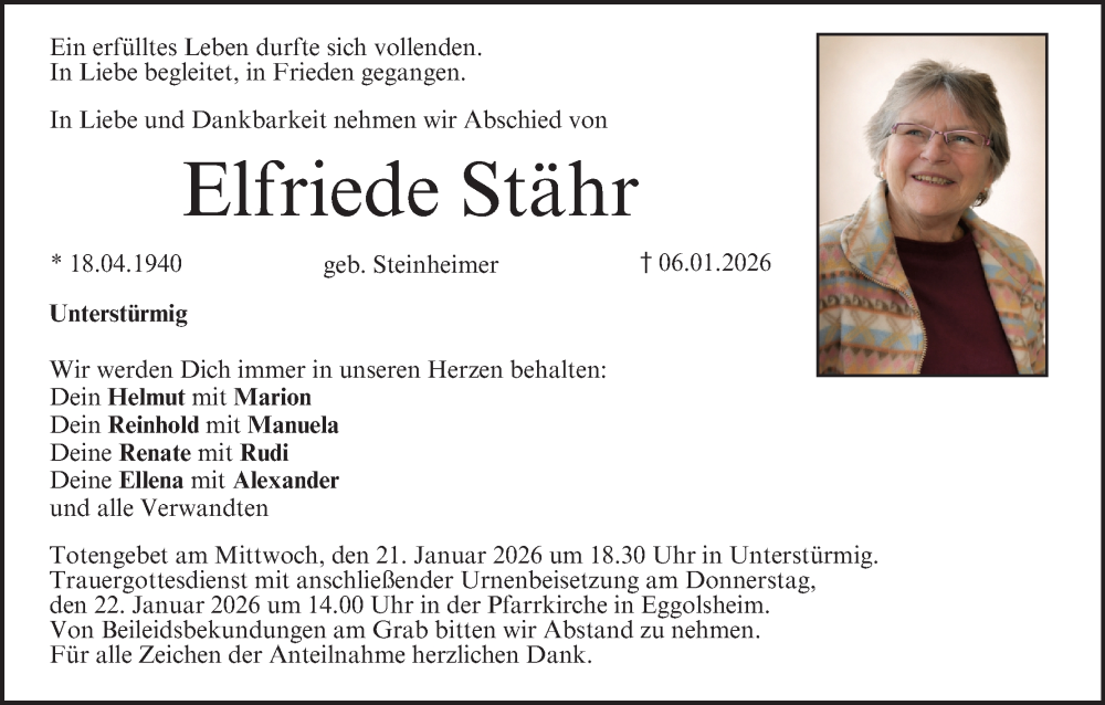  Traueranzeige für Elfriede Stähr vom 17.01.2026 aus MGO
