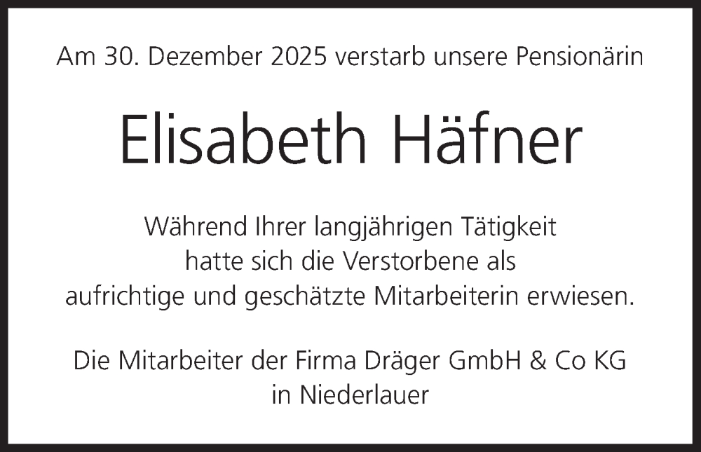  Traueranzeige für Elisabeth Häfner vom 17.01.2026 aus MGO