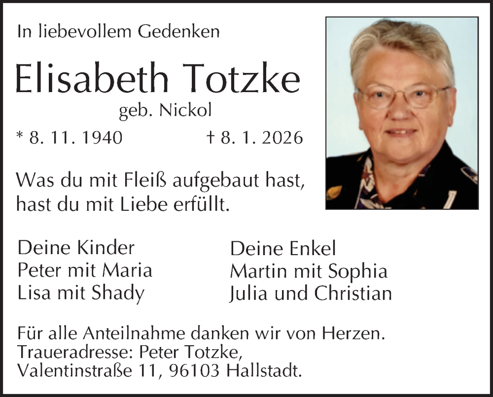  Traueranzeige für Elisabeth Totzke vom 31.01.2026 aus MGO
