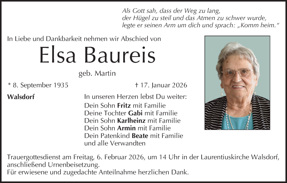  Traueranzeige für Elsa Baureis vom 24.01.2026 aus MGO