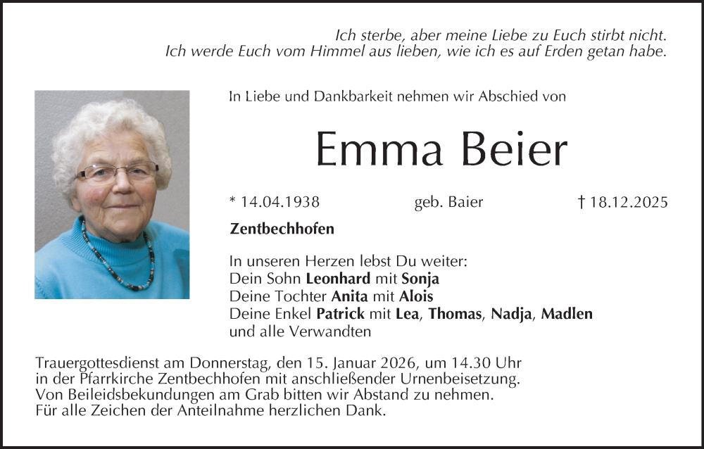  Traueranzeige für Emma Beier vom 10.01.2026 aus MGO