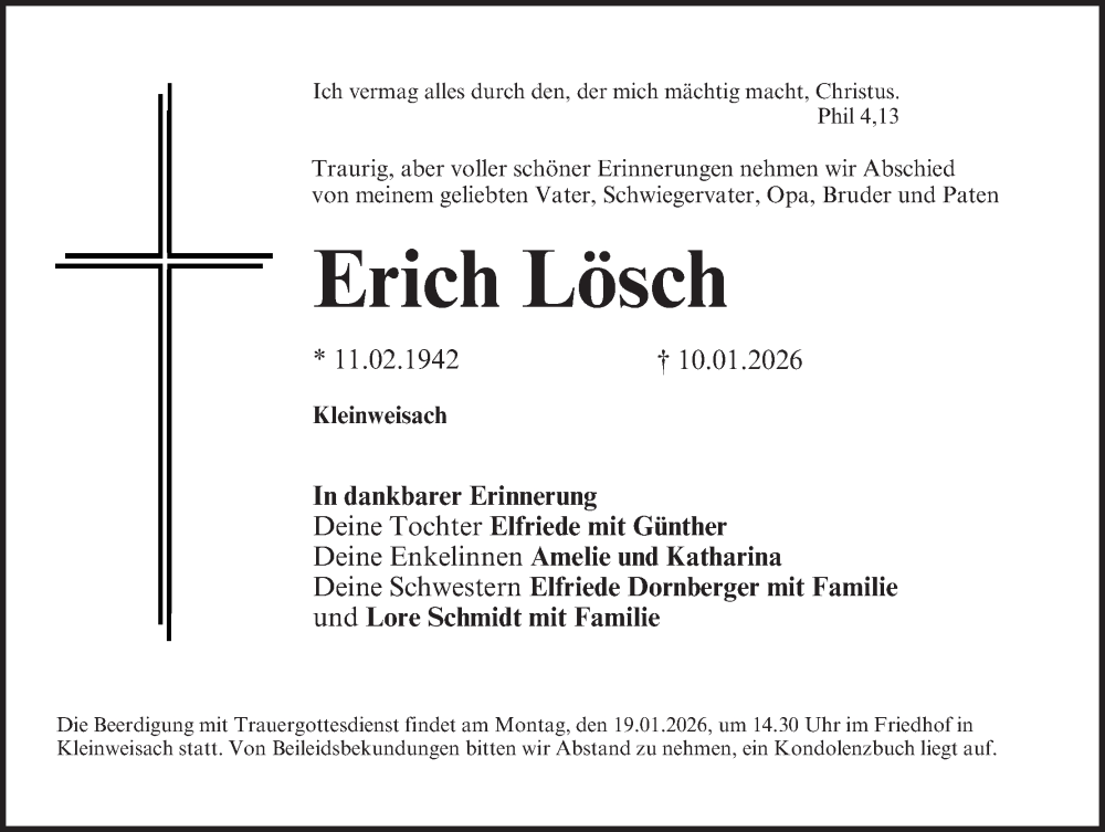  Traueranzeige für Erich Lösch vom 16.01.2026 aus MGO