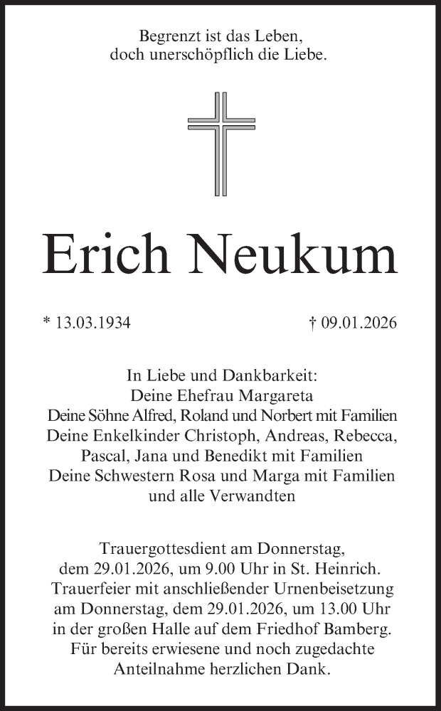  Traueranzeige für Erich Neukum vom 24.01.2026 aus MGO