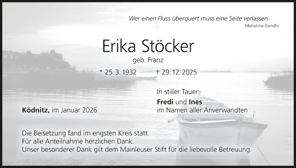  Traueranzeige für Erika Stöcker vom 24.01.2026 aus MGO