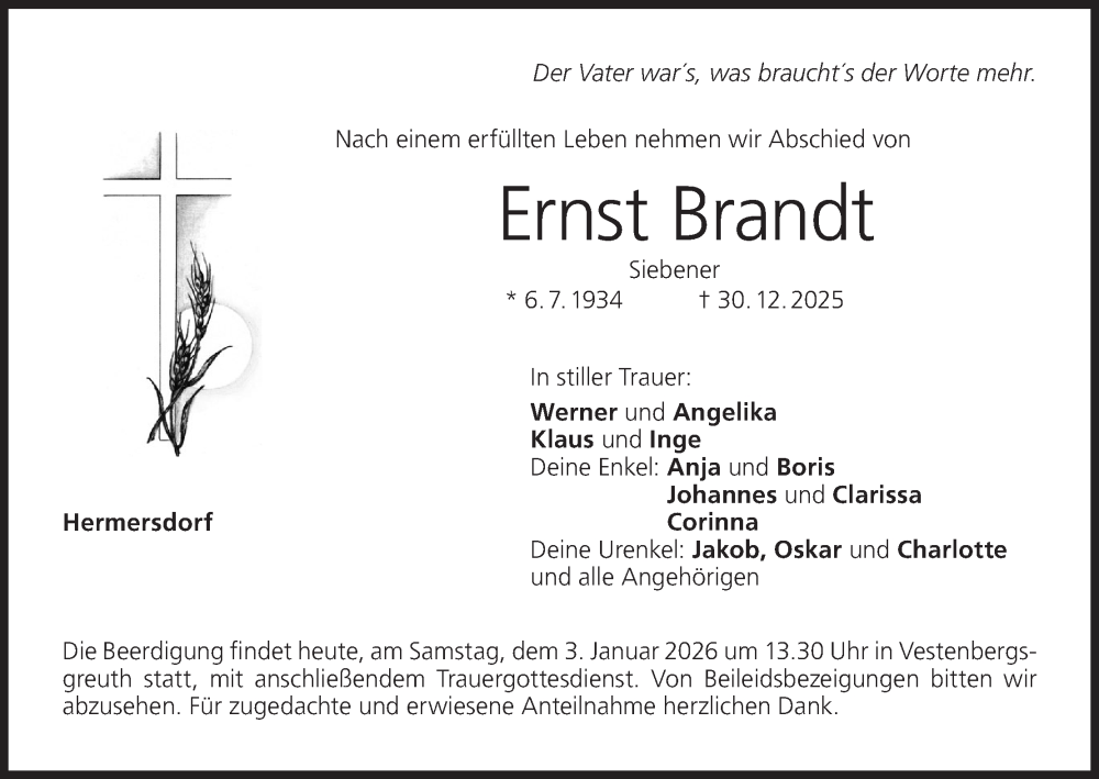  Traueranzeige für Ernst Brandt vom 03.01.2026 aus MGO