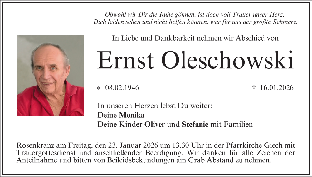  Traueranzeige für Ernst Oleschowski vom 21.01.2026 aus MGO