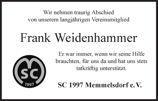 Anzeige von Frank Weidenhammer von MGO
