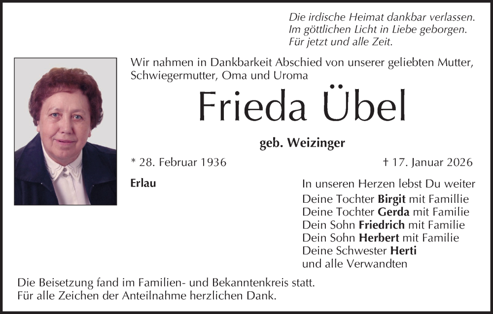  Traueranzeige für Frieda Übel vom 31.01.2026 aus MGO