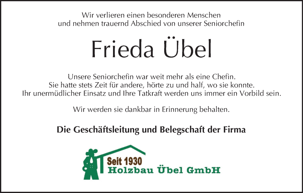 Traueranzeige für Frieda Übel vom 31.01.2026 aus MGO