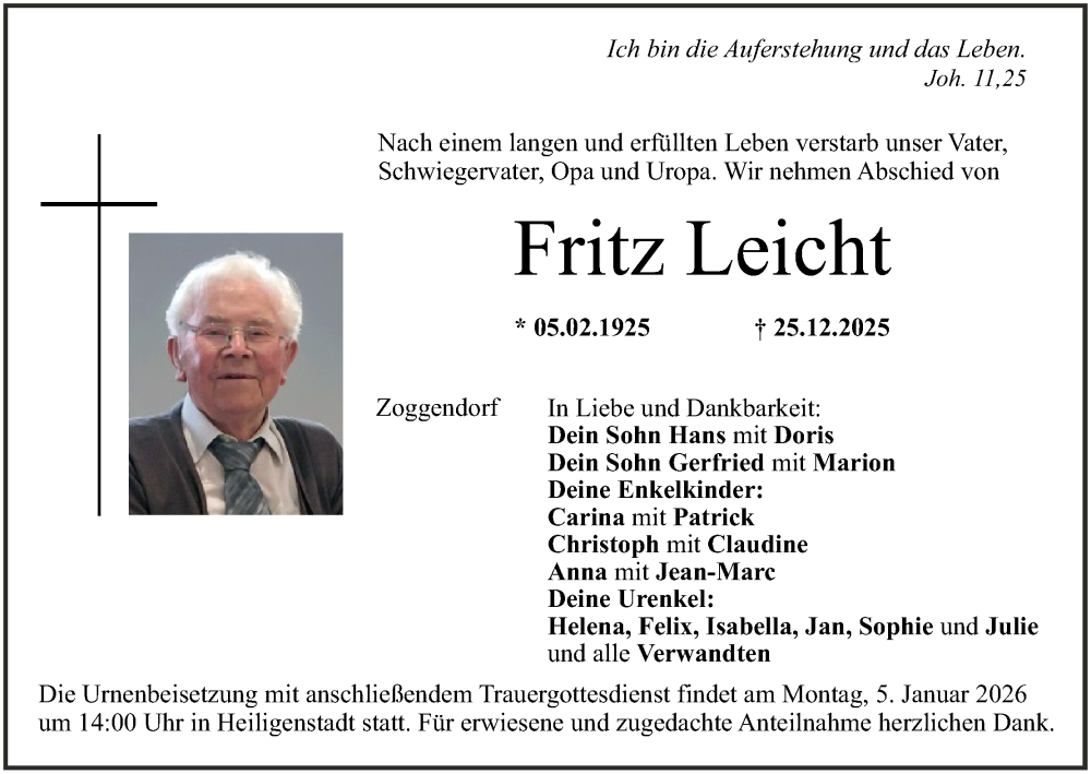  Traueranzeige für Fritz Leicht vom 03.01.2026 aus MGO