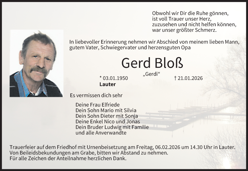  Traueranzeige für Gerd Bloß vom 31.01.2026 aus MGO