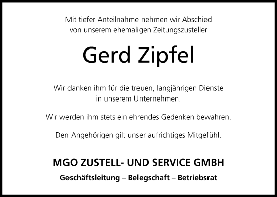 Anzeige von Gerd Zipfel von MGO