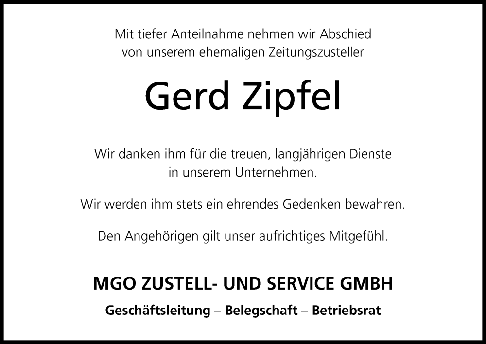  Traueranzeige für Gerd Zipfel vom 17.01.2026 aus MGO
