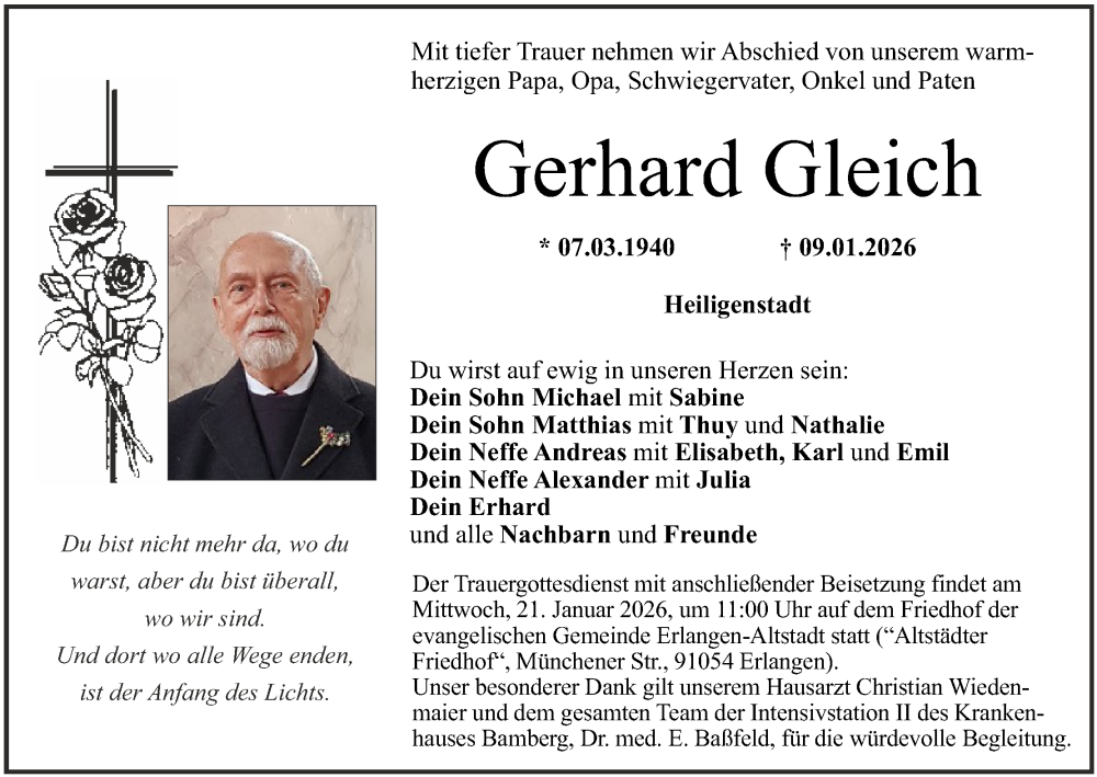  Traueranzeige für Gerhard Gleich vom 17.01.2026 aus MGO