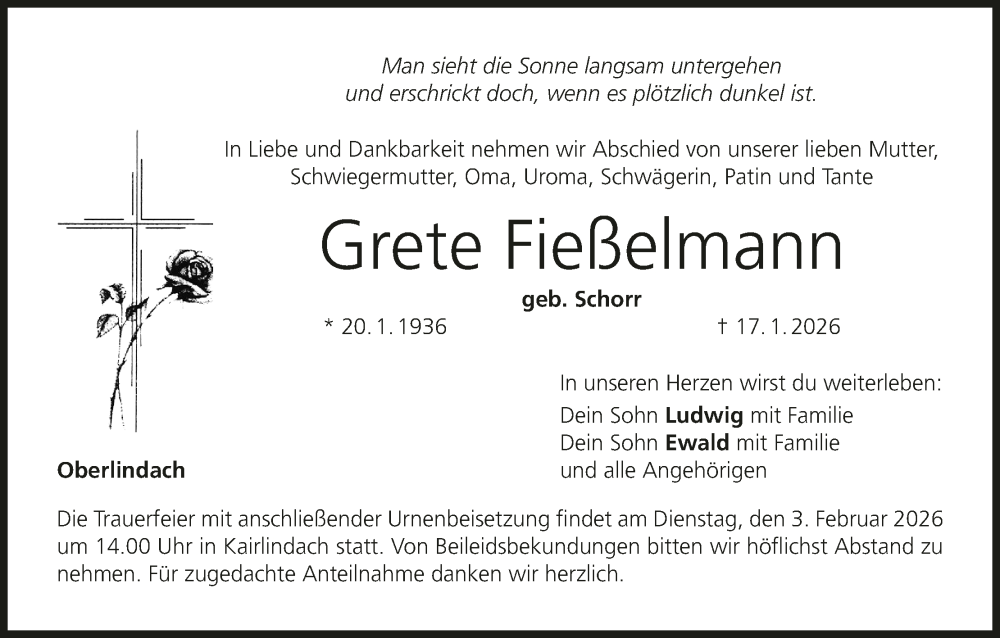  Traueranzeige für Grete Fießelmann vom 27.01.2026 aus MGO