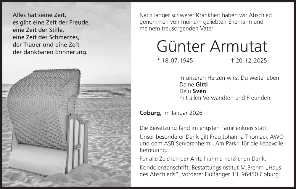  Traueranzeige für Günter Armutat vom 10.01.2026 aus MGO