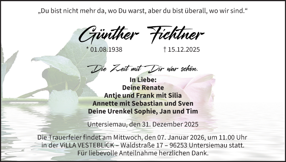  Traueranzeige für Günther Fichtner vom 31.12.2025 aus MGO