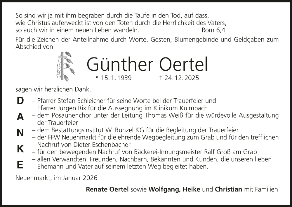  Traueranzeige für Günther Oertel vom 31.01.2026 aus MGO