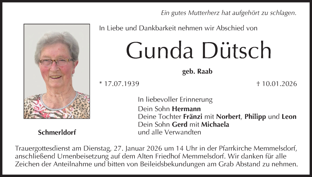  Traueranzeige für Gunda Dütsch vom 24.01.2026 aus MGO