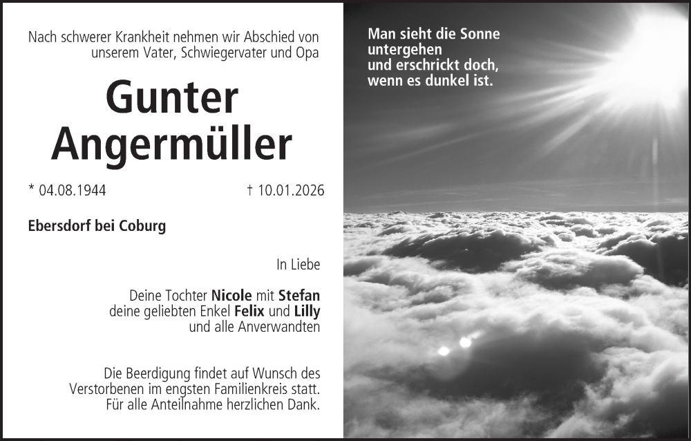  Traueranzeige für Gunter Angermüller vom 17.01.2026 aus MGO