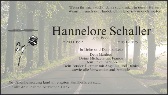 Anzeige von Hannelore Schaller von MGO