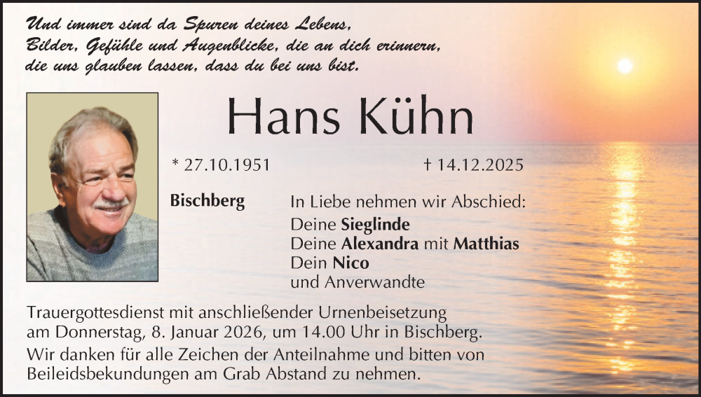  Traueranzeige für Hans Kühn vom 03.01.2026 aus MGO