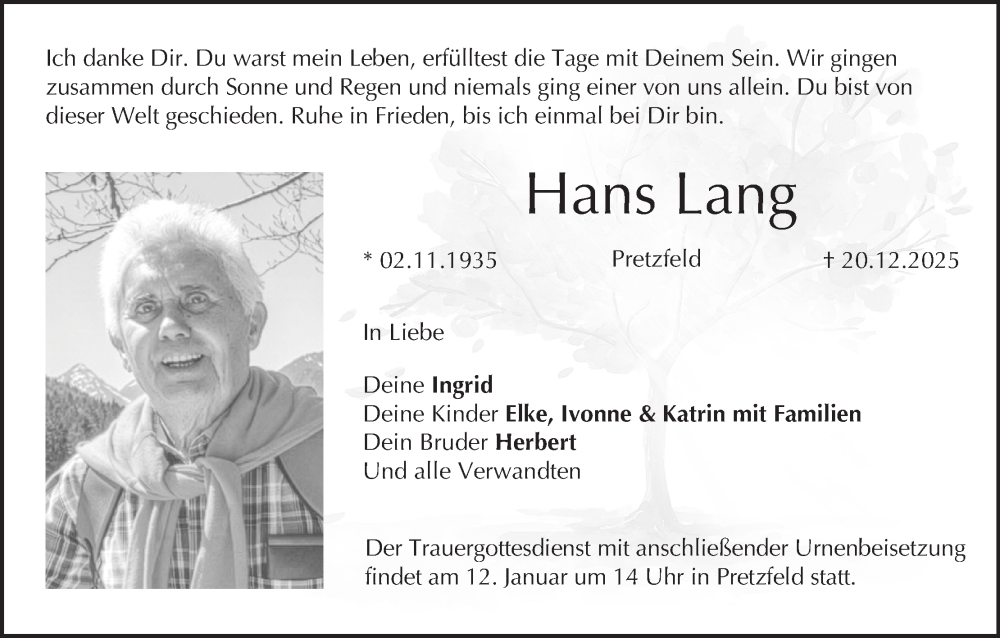  Traueranzeige für Hans Lang vom 09.01.2026 aus MGO
